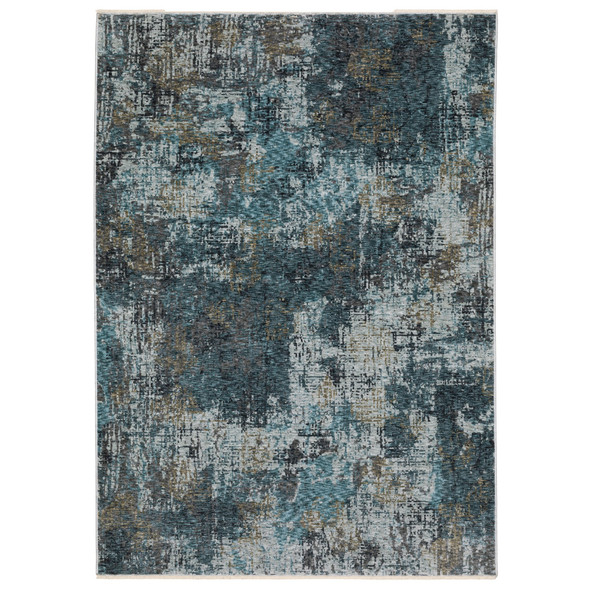 5' X 8' Blue And Gray Abstract Distressed Area Rug With Fringe