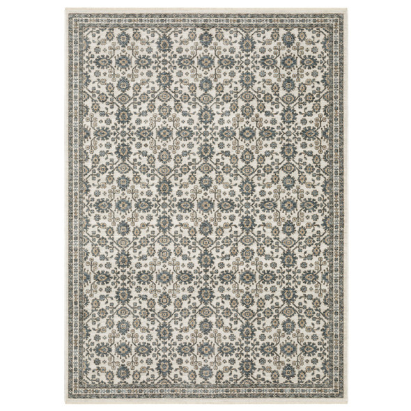 8' X 11' Ivory And Blue Floral Area Rug With Fringe
