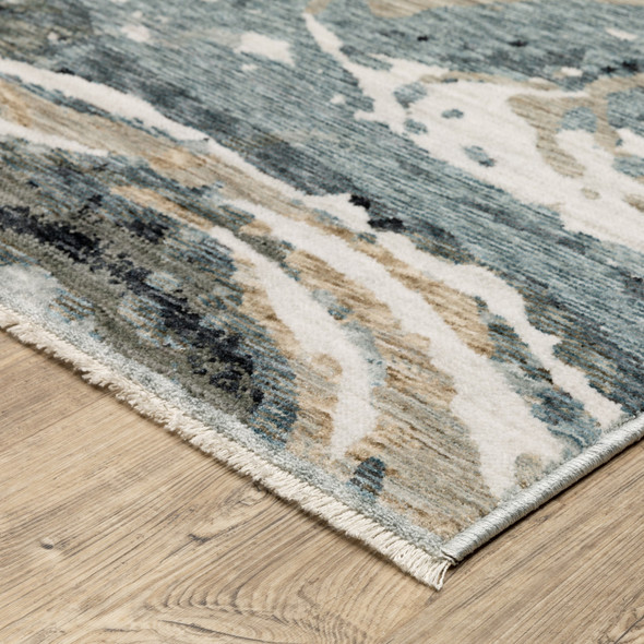 8' X 11' Blue Black And Ivory Abstract Area Rug With Fringe