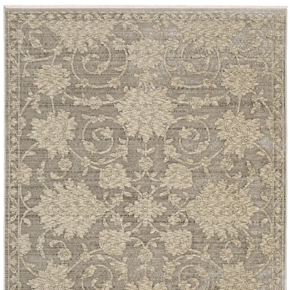 3' X 5' Gray And Beige Floral Area Rug With Fringe