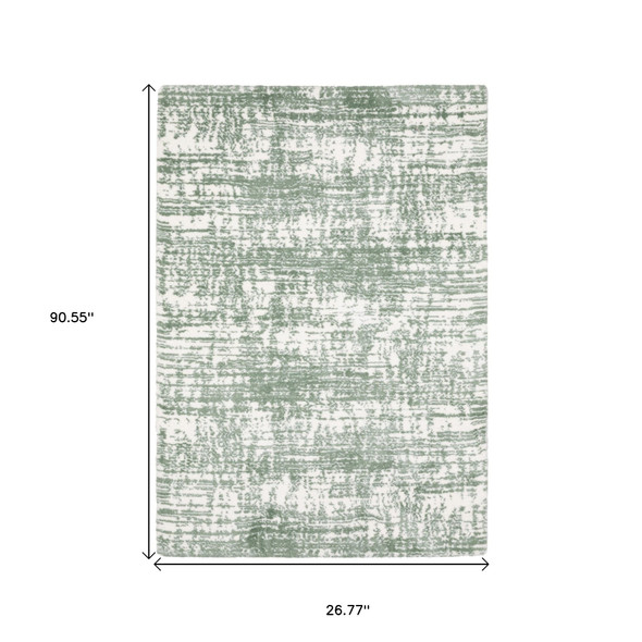 8' Green And Ivory Abstract Runner Rug