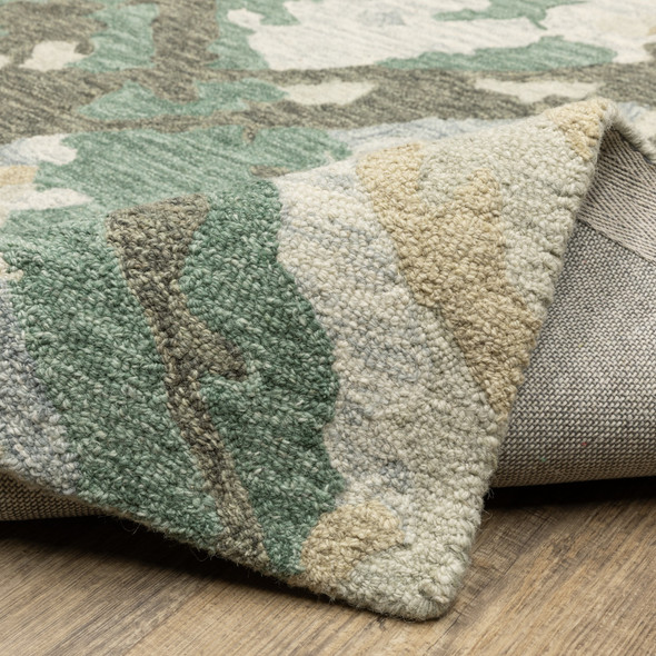 8' Gray And Teal Wool Abstract Hand Tufted Runner Rug
