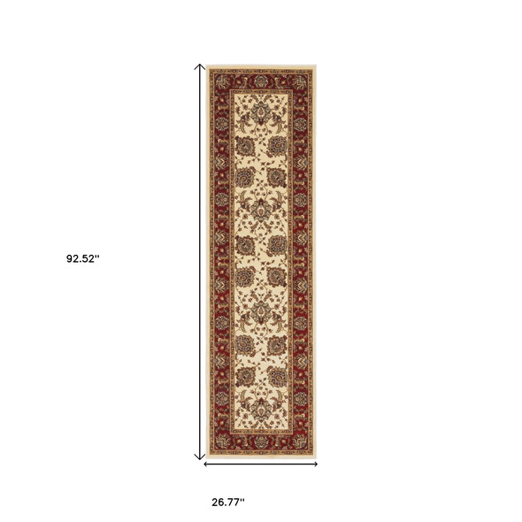8' Ivory And Red Oriental Runner Rug
