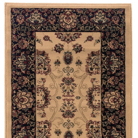 8' Ivory And Black Oriental Runner Rug