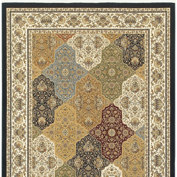 8' X 11' Navy Blue Tan And Ivory Oriental Area Rug With Fringe