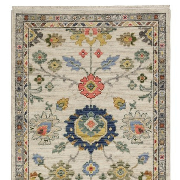 12' Ivory Red And Blue Oriental Runner Rug With Fringe