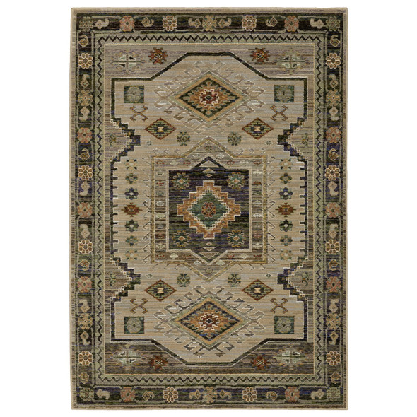 9' X 12' Gray And Green Tribal Area Rug