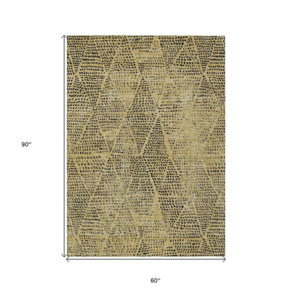 5' X 8' Gold Black And Charcoal Geometric Washable Indoor Outdoor Area Rug