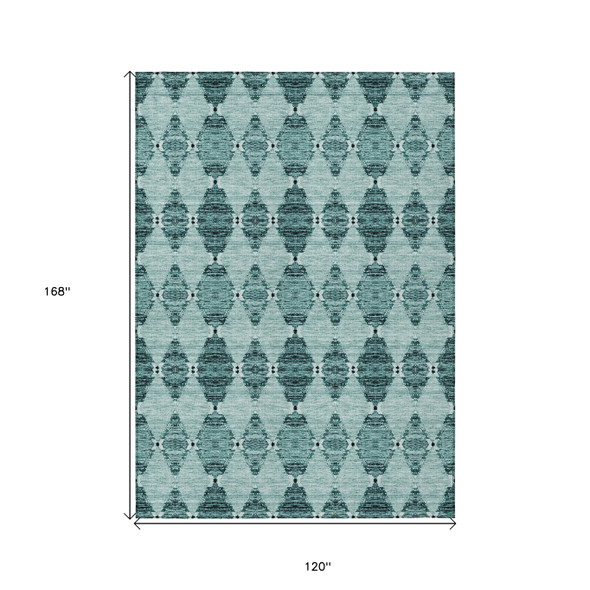 10' X 14' Teal Blue Aqua And Charcoal Moroccan Washable Indoor Outdoor Area Rug