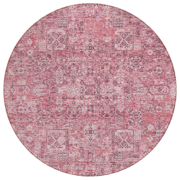 8' Pink Blush And Charcoal Round Floral Washable Indoor Outdoor Area Rug