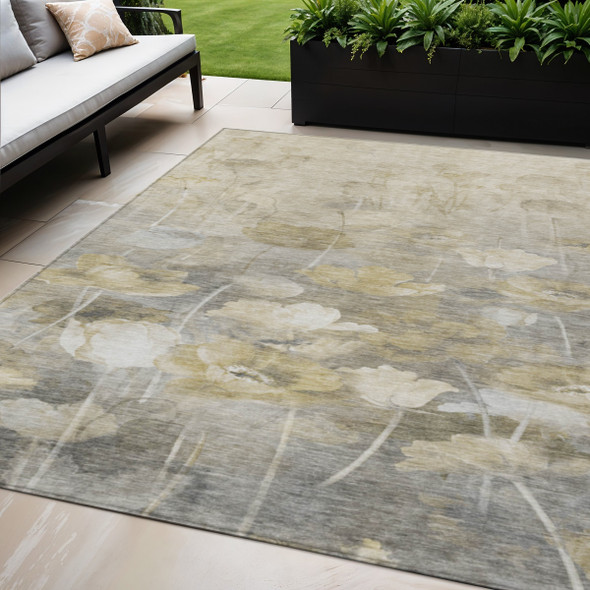 5' X 8' Beige Taupe And Wheat Floral Washable Indoor Outdoor Area Rug