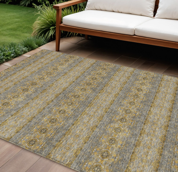 8' X 10' Gold Gray And Silver Floral Medallion Washable Indoor Outdoor Area Rug
