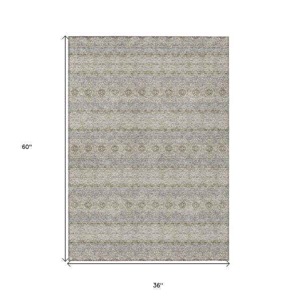 3' X 5' Silver Gray And Gold Floral Medallion Washable Indoor Outdoor Area Rug