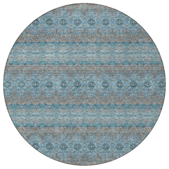8' Teal Blue Aqua And Gray Round Floral Medallion Washable Indoor Outdoor Area Rug