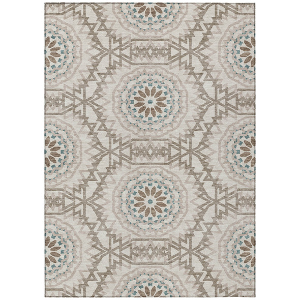 3' X 5' Beige Brown And Teal Blue Floral Medallion Washable Indoor Outdoor Area Rug