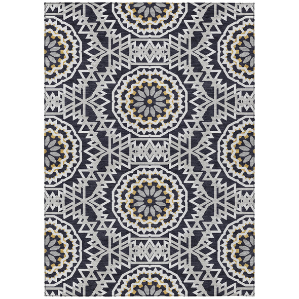 10' X 14' Black Ivory And Gray Floral Medallion Washable Indoor Outdoor Area Rug