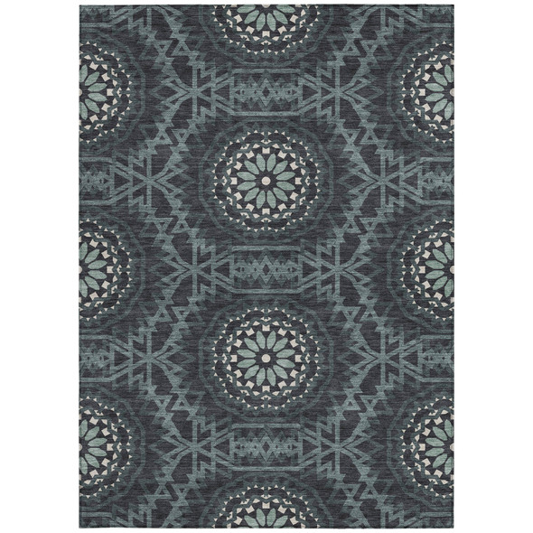 8' X 10' Charcoal Gray And Ivory Floral Medallion Washable Indoor Outdoor Area Rug
