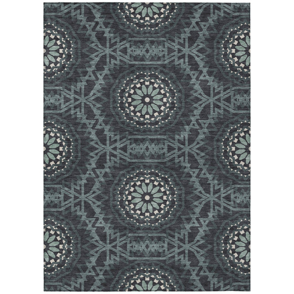 9' X 12' Charcoal Gray And Ivory Floral Medallion Washable Indoor Outdoor Area Rug