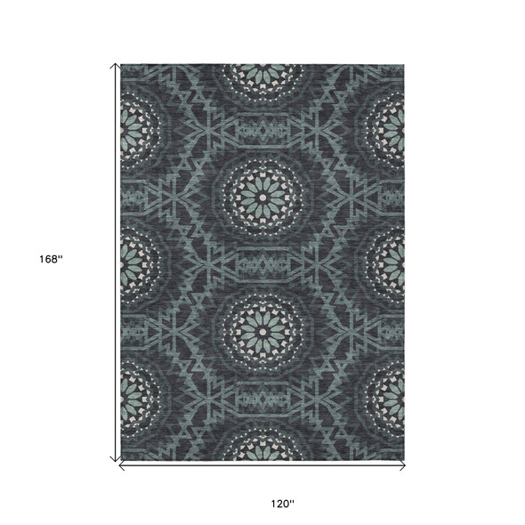 10' X 14' Charcoal Gray And Ivory Floral Medallion Washable Indoor Outdoor Area Rug