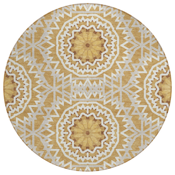 8' Gold Gray And Ivory Round Floral Medallion Washable Indoor Outdoor Area Rug