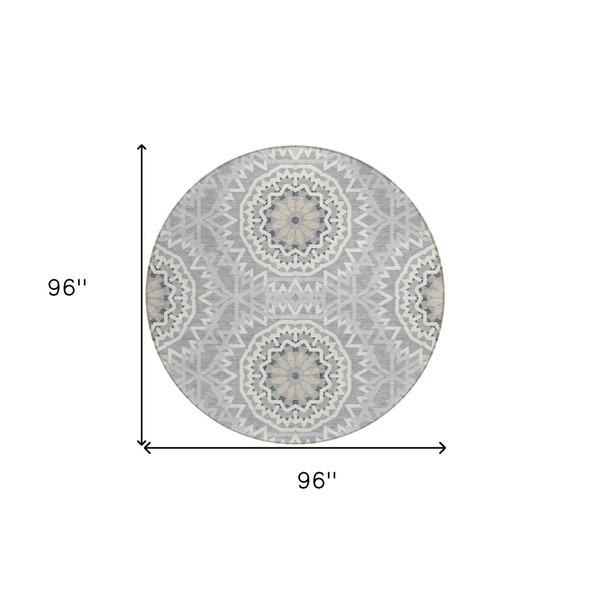 8' Gray Silver And Ivory Round Floral Medallion Washable Indoor Outdoor Area Rug