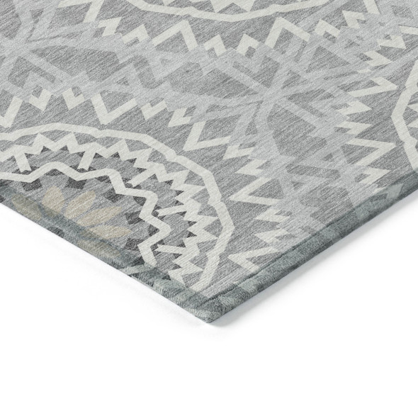 9' X 12' Gray Silver And Ivory Floral Medallion Washable Indoor Outdoor Area Rug