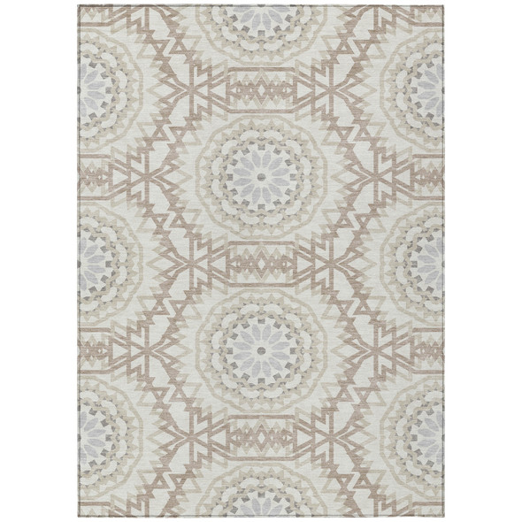 10' X 14' Ivory Beige And Silver Floral Medallion Washable Indoor Outdoor Area Rug