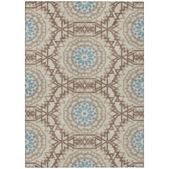 5' X 8' Khaki Brown And Taupe Floral Medallion Washable Indoor Outdoor Area Rug