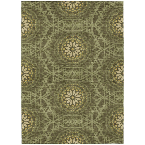 9' X 12' Olive Green Artichoke Green And Gold Floral Medallion Washable Indoor Outdoor Area Rug