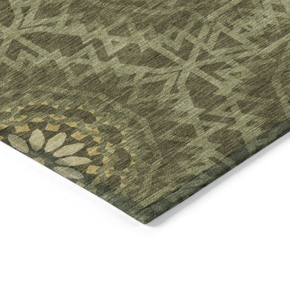 10' X 14' Olive Green Artichoke Green And Gold Floral Medallion Washable Indoor Outdoor Area Rug