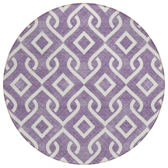 8' Purple And Ivory Round Geometric Washable Indoor Outdoor Area Rug