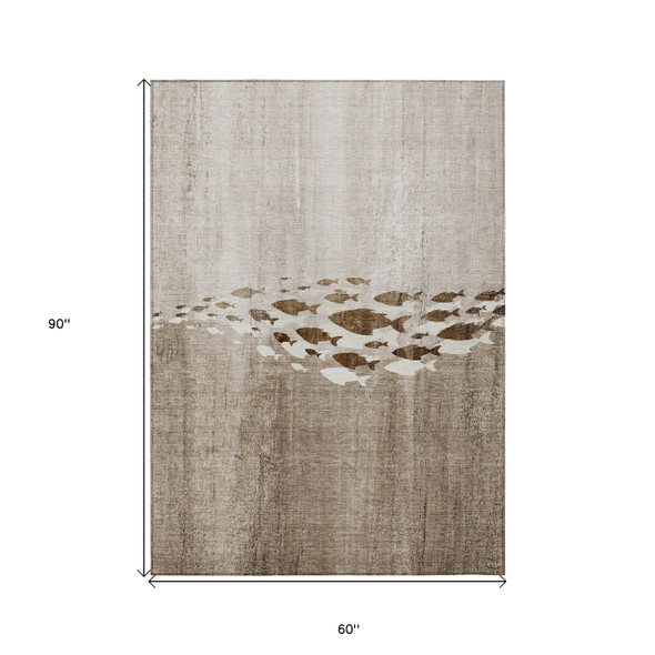 5' X 8' Taupe Brown And Khaki Nautical Washable Indoor Outdoor Area Rug