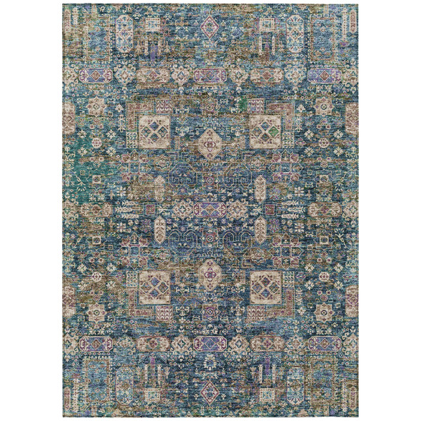 10' X 14' Green Navy Blue And Ivory Oriental Washable Indoor Outdoor Area Rug