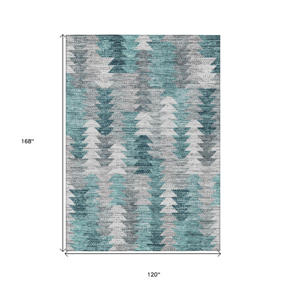 10' X 14' Dark Blue Aqua And Gray Geometric Washable Indoor Outdoor Area Rug