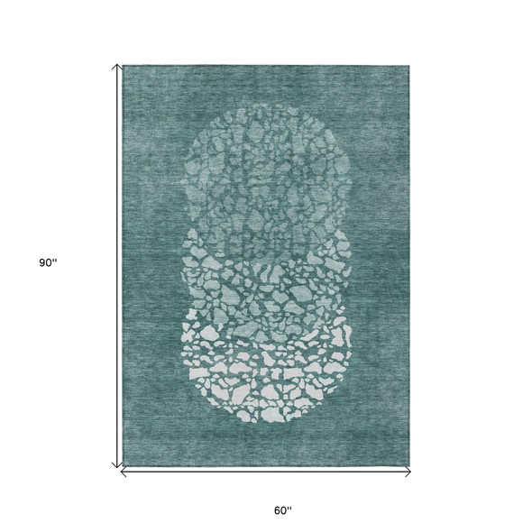5' X 8' Dark Green Aqua And Ivory Abstract Washable Indoor Outdoor Area Rug