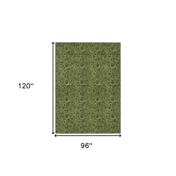 8' X 10' Olive Green And Fern Green Floral Washable Indoor Outdoor Area Rug