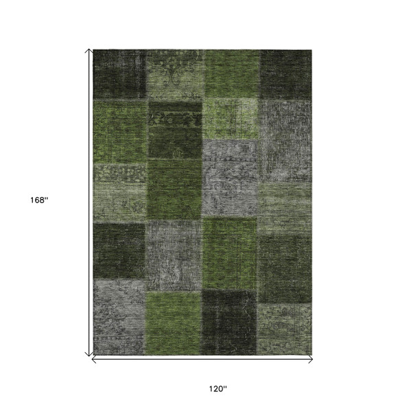 10' X 14' Olive Green And Artichoke Green Patchwork Washable Indoor Outdoor Area Rug