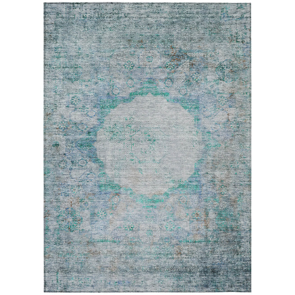 9' X 12' Teal Blue Aqua And Gray Oriental Washable Indoor Outdoor Area Rug