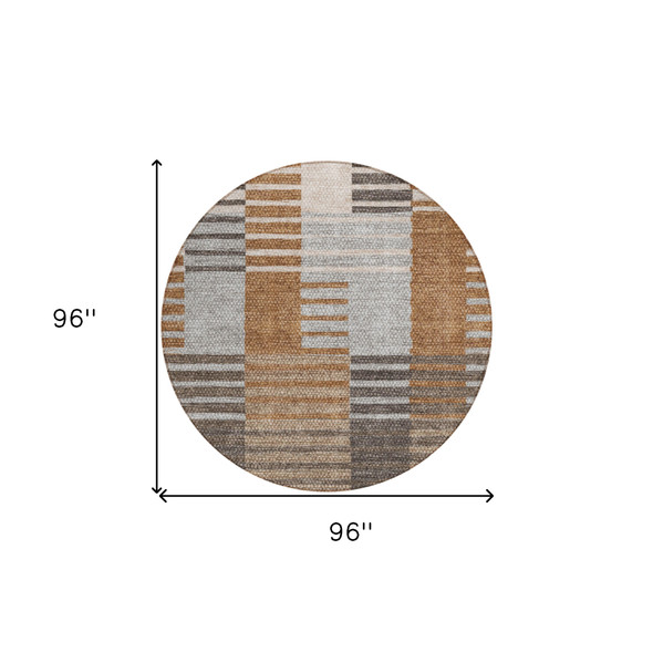 8' Chocolate And Gray Round Striped Washable Indoor Outdoor Area Rug