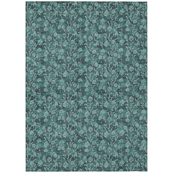 5' X 8' Teal Blue Aqua And Ivory Floral Washable Indoor Outdoor Area Rug