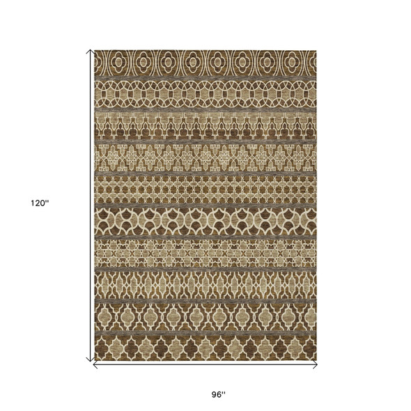 8' X 10' Brown And Taupe Quatrefoil Washable Indoor Outdoor Area Rug