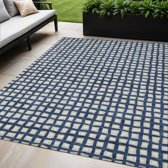5' X 8' Navy Blue And Ivory Geometric Washable Indoor Outdoor Area Rug