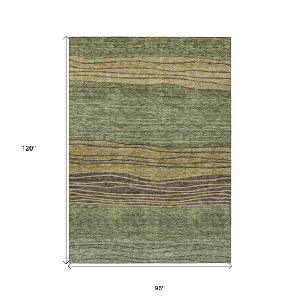 8' X 10' Olive Green And Chocolate Striped Washable Indoor Outdoor Area Rug