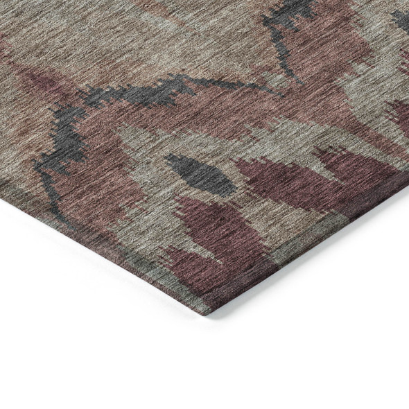 8' X 10' Burgundy Beige And Charcoal Ikat Washable Indoor Outdoor Area Rug