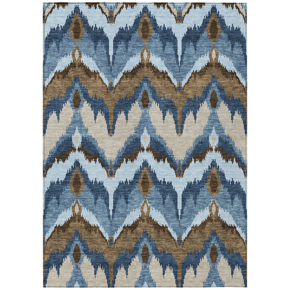 5' X 8' Denim Blue And Sky Blue Ikat Washable Indoor Outdoor Area Rug
