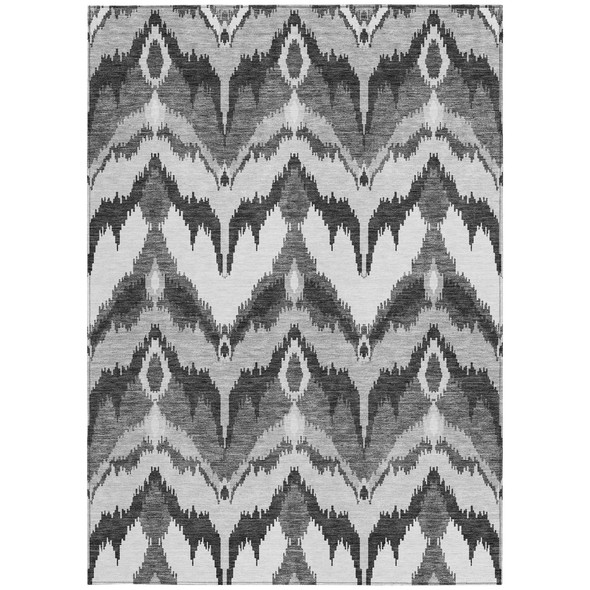 5' X 8' Gray Silver And Charcoal Ikat Washable Indoor Outdoor Area Rug