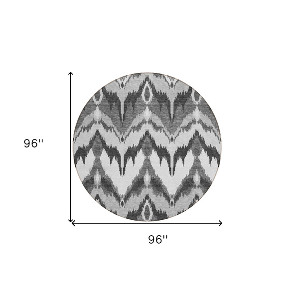 8' Gray Silver And Charcoal Round Ikat Washable Indoor Outdoor Area Rug