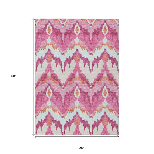 3' X 5' Pink Mauve And Orange Ikat Washable Indoor Outdoor Area Rug