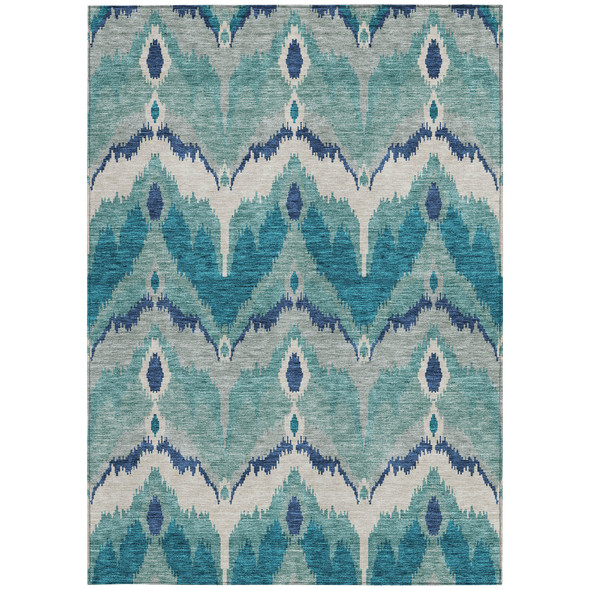 8' X 10' Teal Blue Navy Blue And Ivory Ikat Washable Indoor Outdoor Area Rug