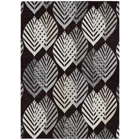 5' X 8' Black Silver And Charcoal Floral Washable Indoor Outdoor Area Rug